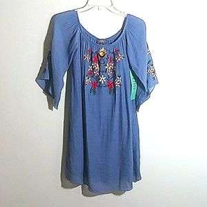 NWT J Gee Blue Embroidered Boho 1/2 sleeve off shoulder swing dress P/L